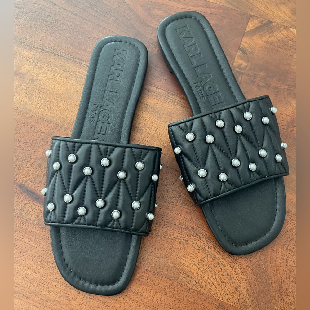 Karl Lagerfeld Black Pearl-Studded Slides